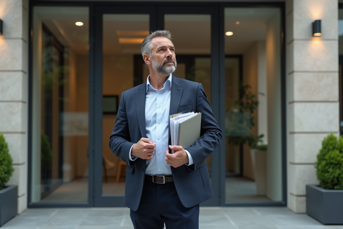 Homme d affaires devant un immeuble moderne en ville