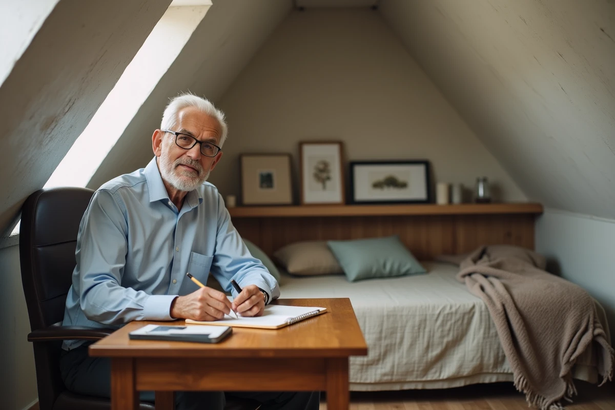 Homme âgé écrivant dans un bureau d