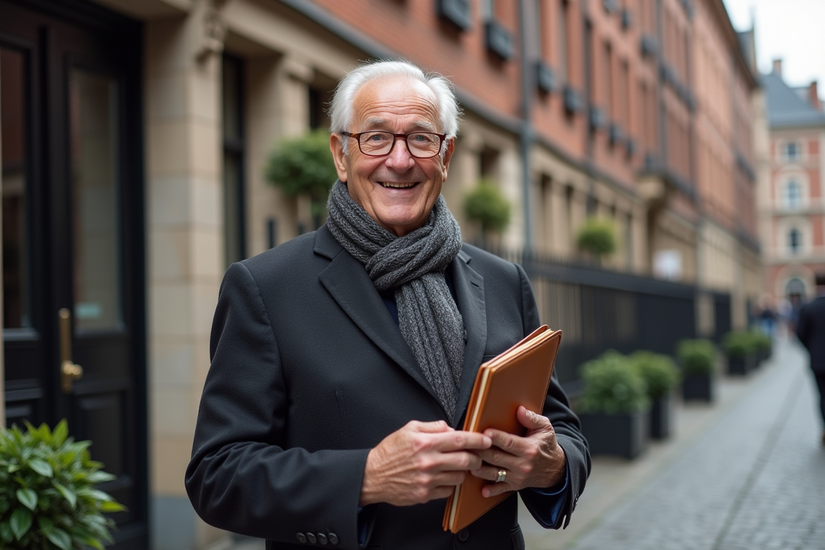 Homme âgé tenant des clés devant une maison historique belge