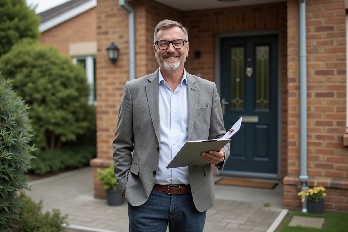 Homme souriant devant une entrée résidentielle