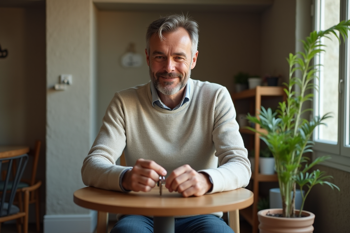 Homme regardant des clés dans une cuisine lumineuse