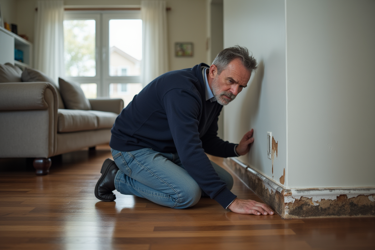 Homme d'âge moyen inspectant des taches d'eau sur un mur