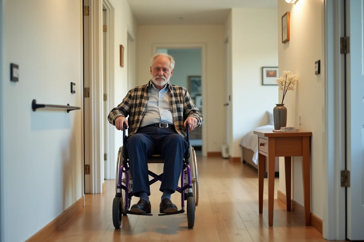 Homme en fauteuil roulant circulant librement dans le couloir large d'une maison plain-pied en location
