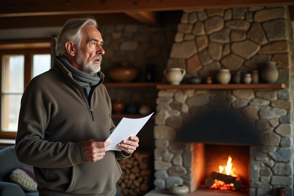 Homme réfléchissant près de la cheminée dans un gîte