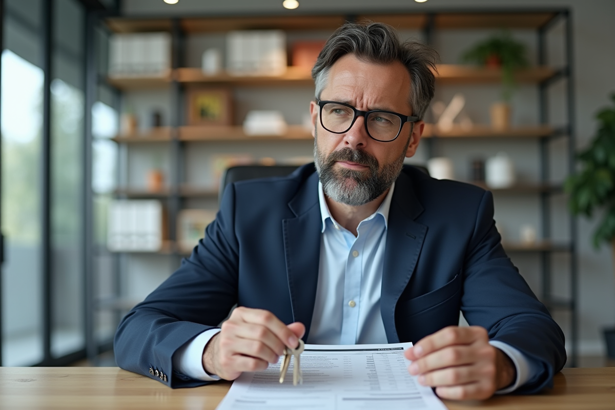 Homme d'âge moyen en costume navy tenant estimation et clés