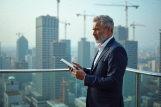 Homme d'âge moyen en costume bleu examinant des annonces immobilières