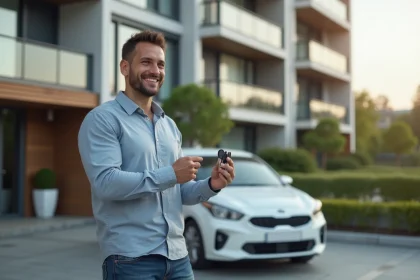 Homme souriant avec cl&eacute;s devant un immeuble moderne
