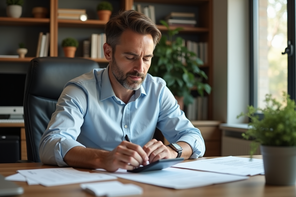 Homme d'affaires examine des documents de prêt dans son bureau