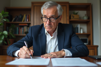 Homme d'âge moyen examinant des documents fiscaux sur un bureau