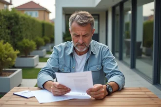 Homme d'âge moyen examine des documents fiscaux sur une terrasse moderne