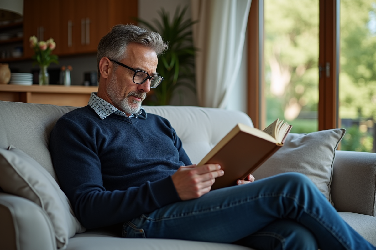Homme d'âge moyen lisant dans un salon cosy