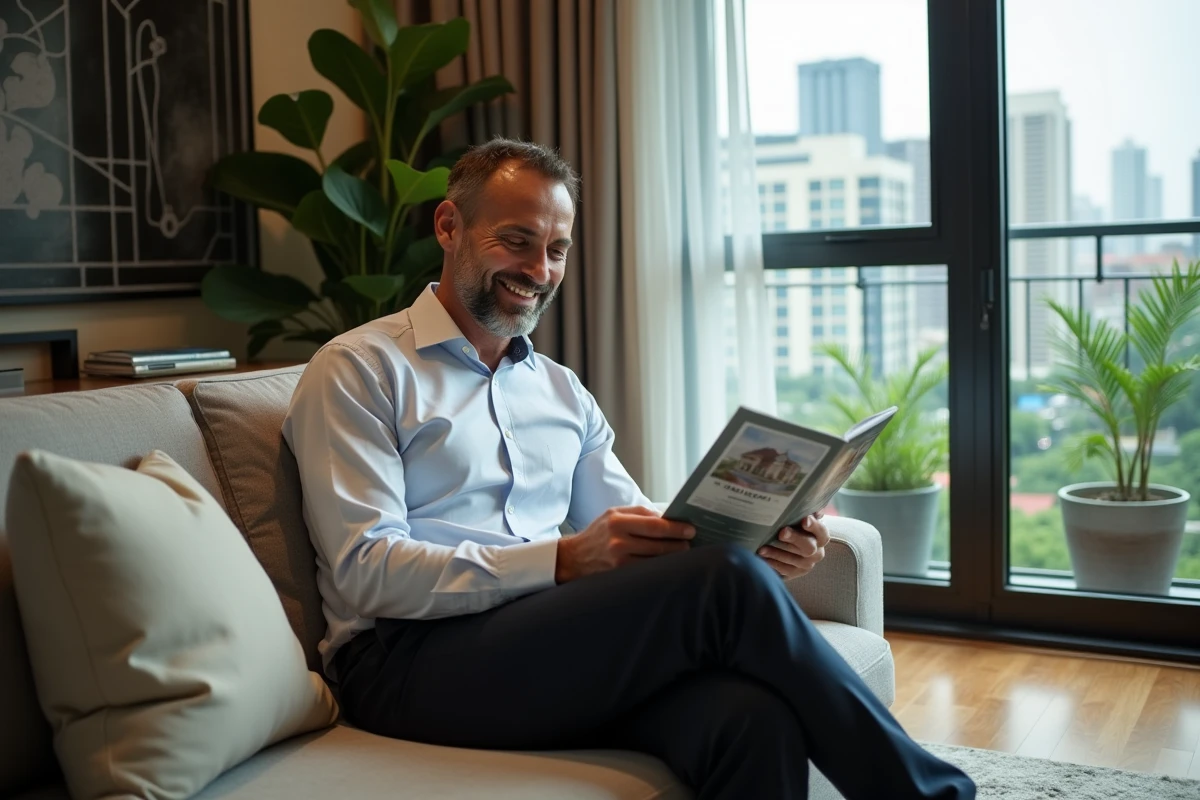 Homme europ&eacute;en lisant une brochure immobiliere dans un salon moderne