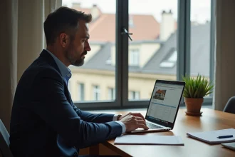 Homme d'âge moyen examine des annonces de location sur son ordinateur à Lyon