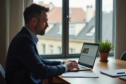 Homme d'&acirc;ge moyen examine des annonces de location sur son ordinateur &agrave; Lyon