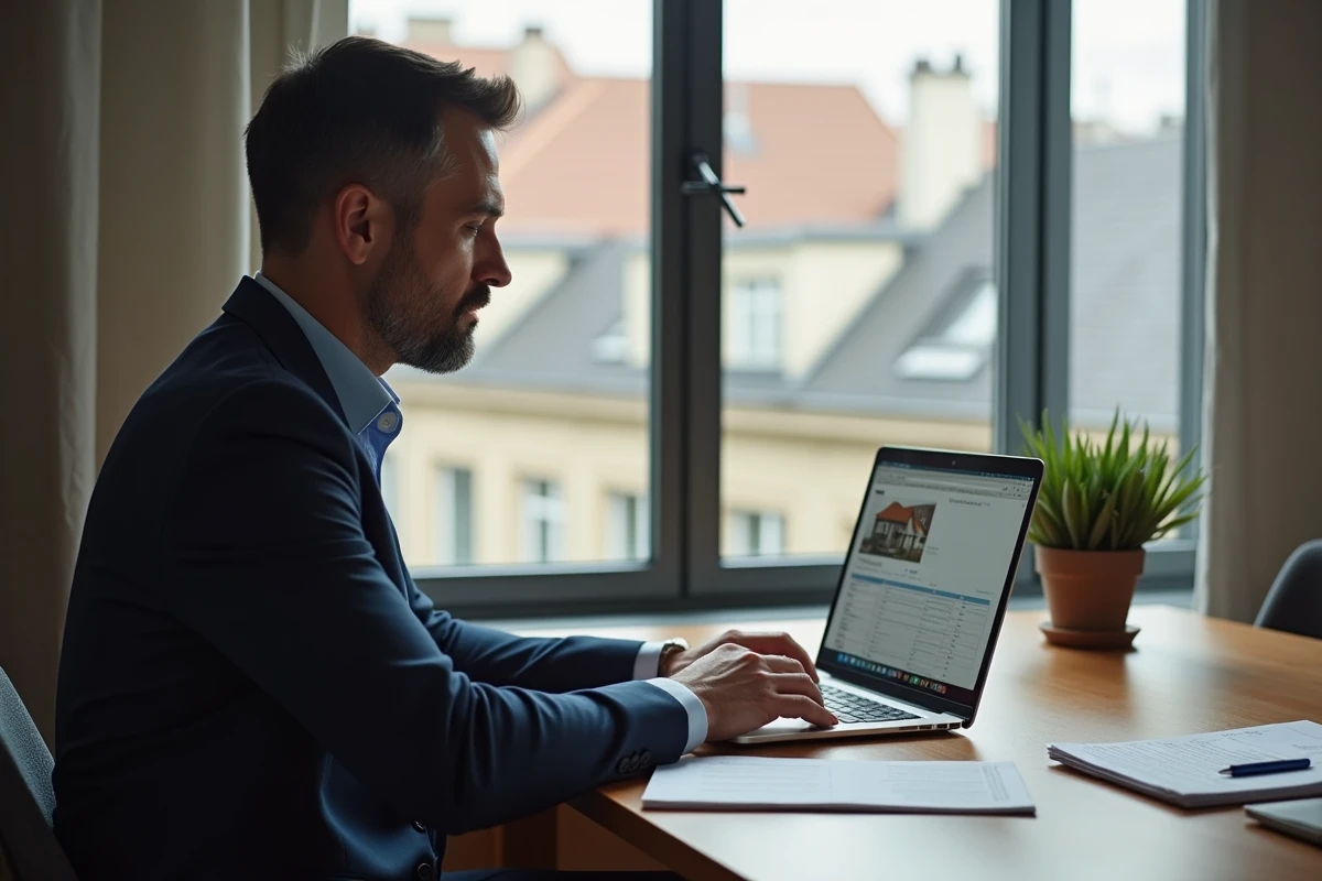 Homme d'âge moyen examine des annonces de location sur son ordinateur à Lyon