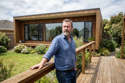 Homme confiant devant maison en bois moderne et jardin