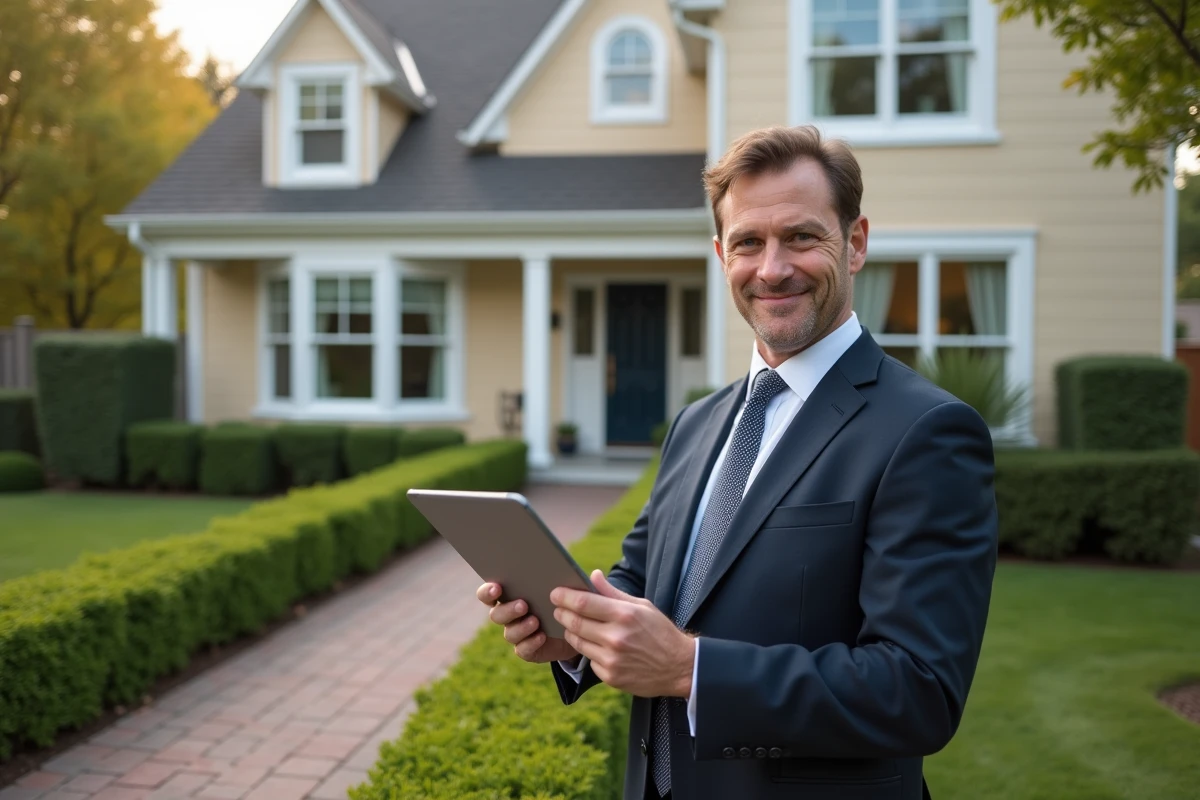 Homme confiant tenant tablette devant maison en vente