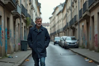 Homme en veste marine marche dans une rue urbaine de Montluçon