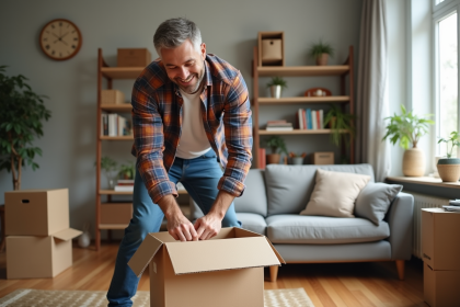 Homme d'âge moyen emballant des cartons dans un appartement