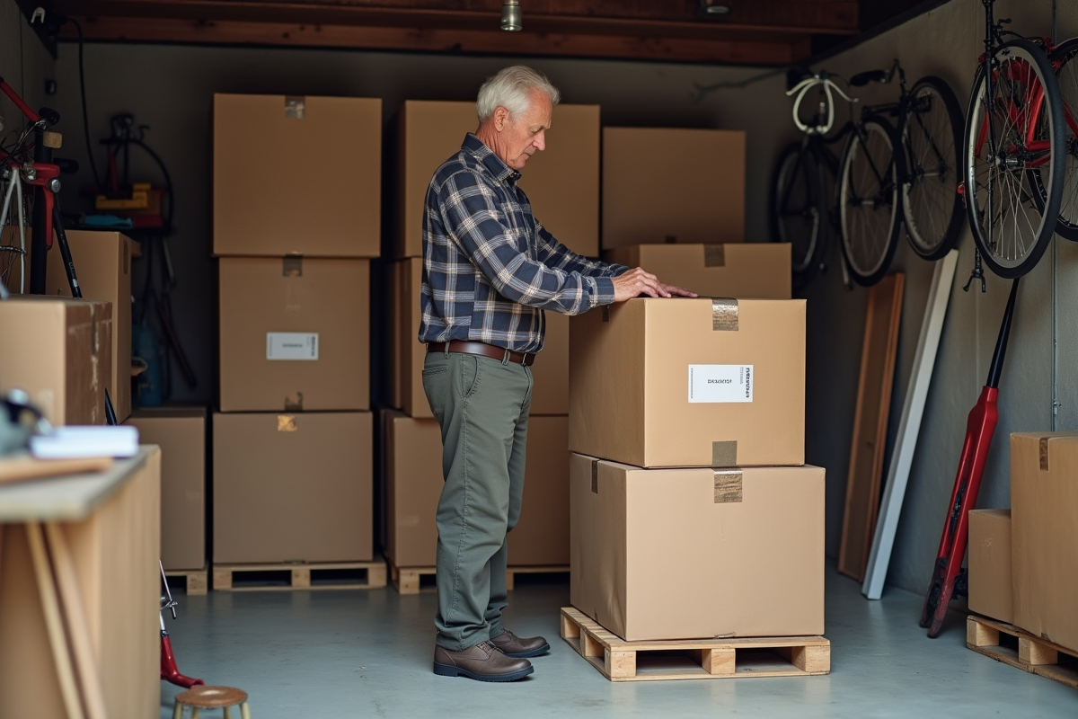 Homme empilant des cartons dans un garage encombré