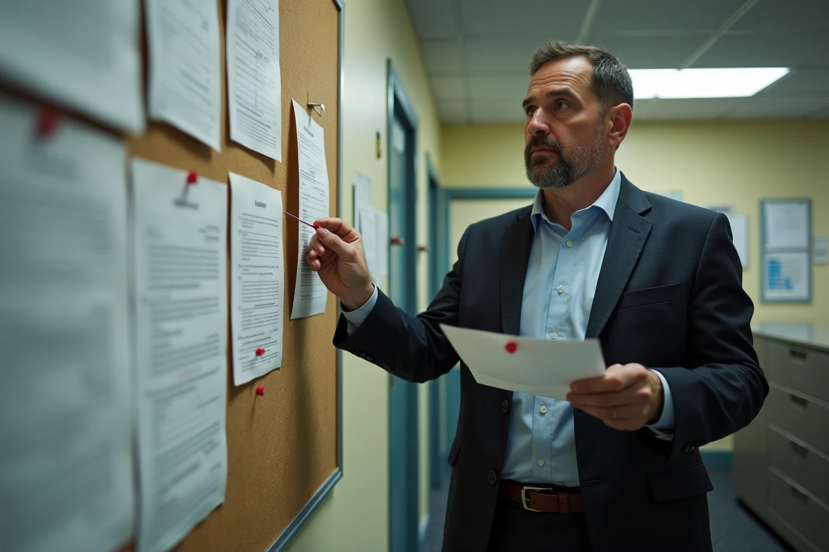 Homme en costume affichant un document sur un tableau d