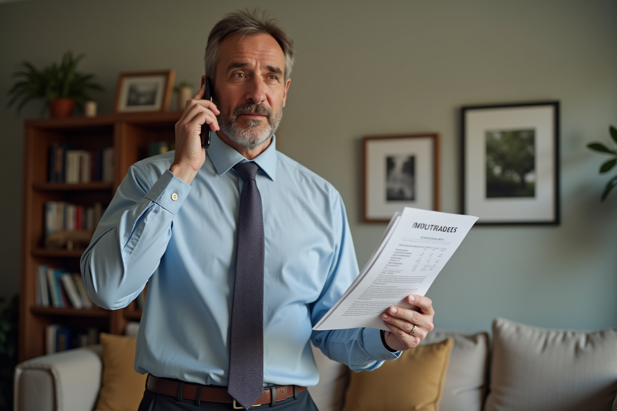 Homme parlant au téléphone avec document de prêt immobilier