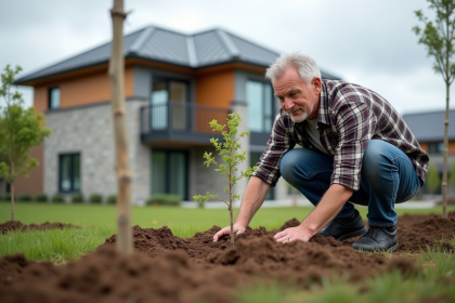 Homme plantant un arbre dans un quartier neuf