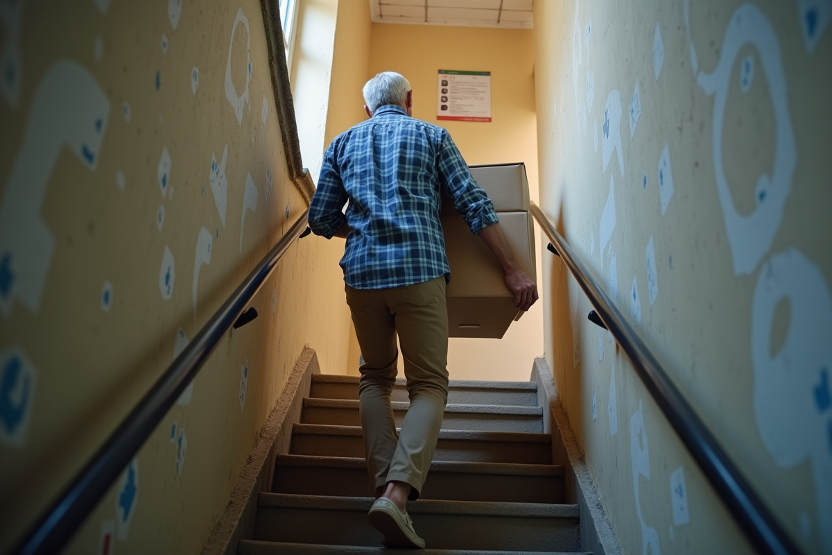 Homme portant des boîtes dans un escalier d