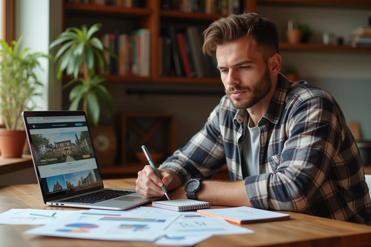 Homme analysant des annonces immobilières et calculant son budget pour un achat immobilier