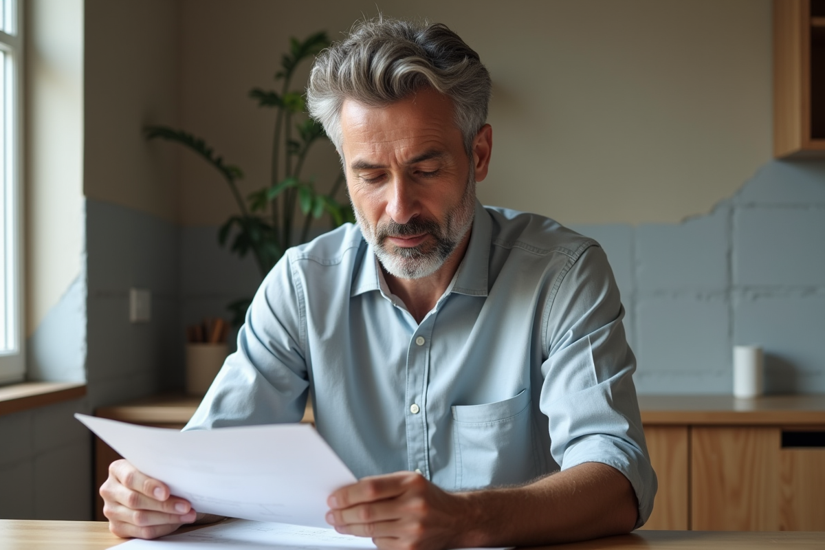 Homme d'âge moyen examinant des papiers dans une cuisine moderne