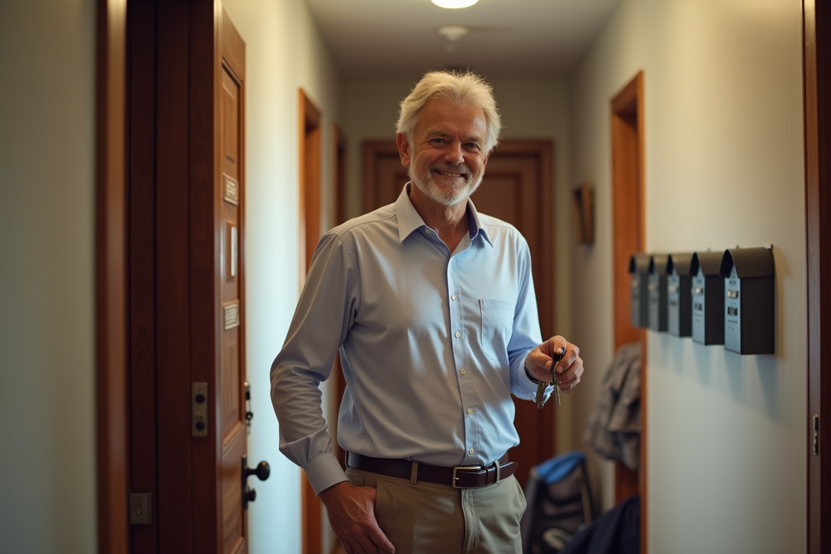 Homme souriant tendant ses clés à un voisin dans le hall d