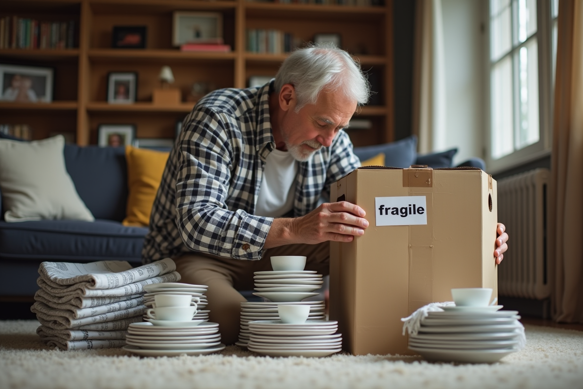 Homme âgé scellant une caisse fragile dans un salon chaleureux