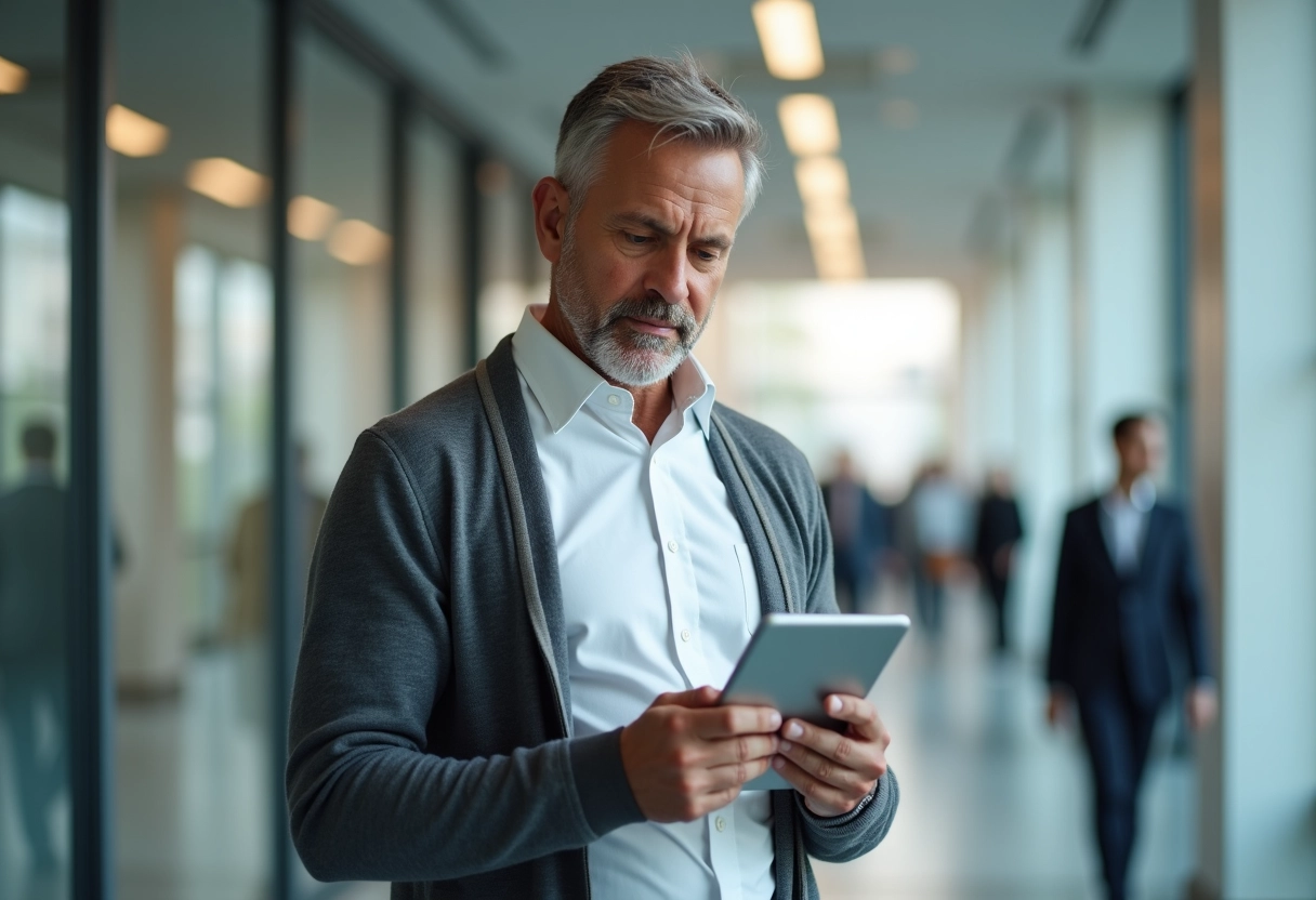 Homme d affaires regardant une tablette dans un couloir