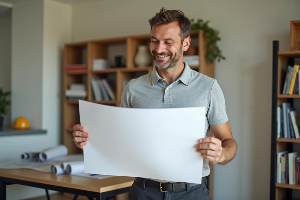 Homme tenant un panneau de permis de construire imprimé dans un bureau de maîtrise d'œuvre avec plans d'architecte en arrière-plan