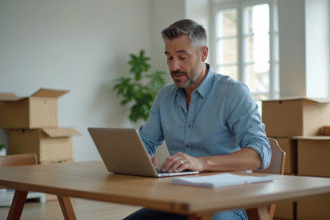 Homme concentré travaillant sur son ordinateur lors d'un déménagement