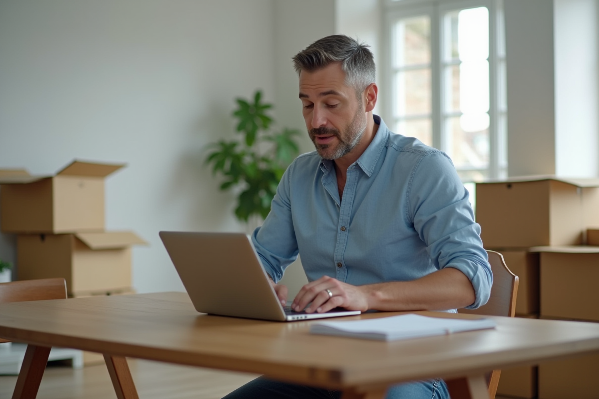 Homme concentré travaillant sur son ordinateur lors d'un déménagement