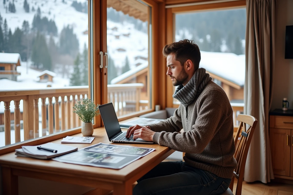 Jeune homme travaillant dans un int&eacute;rieur alpin enneige