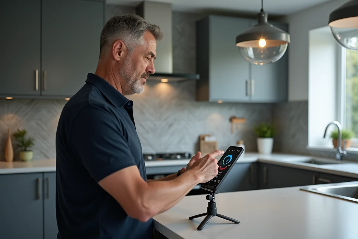 Homme utilisant un trépied smartphone pour capturer une visite virtuelle 360 dans une cuisine moderne