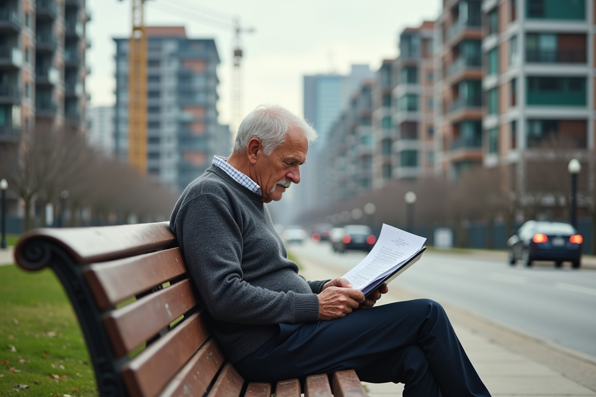 Homme âgé assis sur un banc dans la ville en train de consulter des papiers