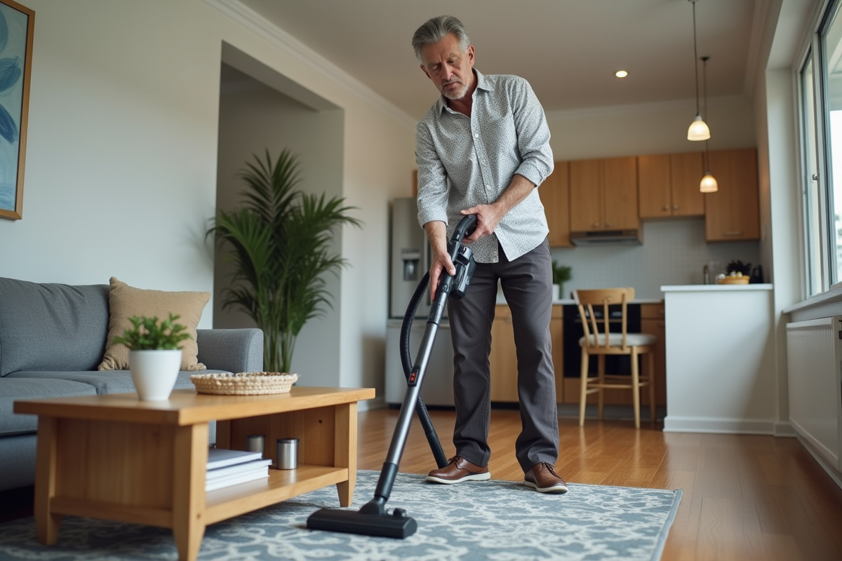 Homme aspirant le tapis dans un salon Airbnb après son séjour