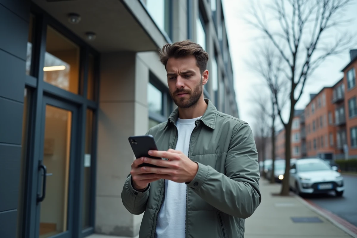 Homme vérifiant une annonce immobilière sur son téléphone devant un immeuble résidentiel