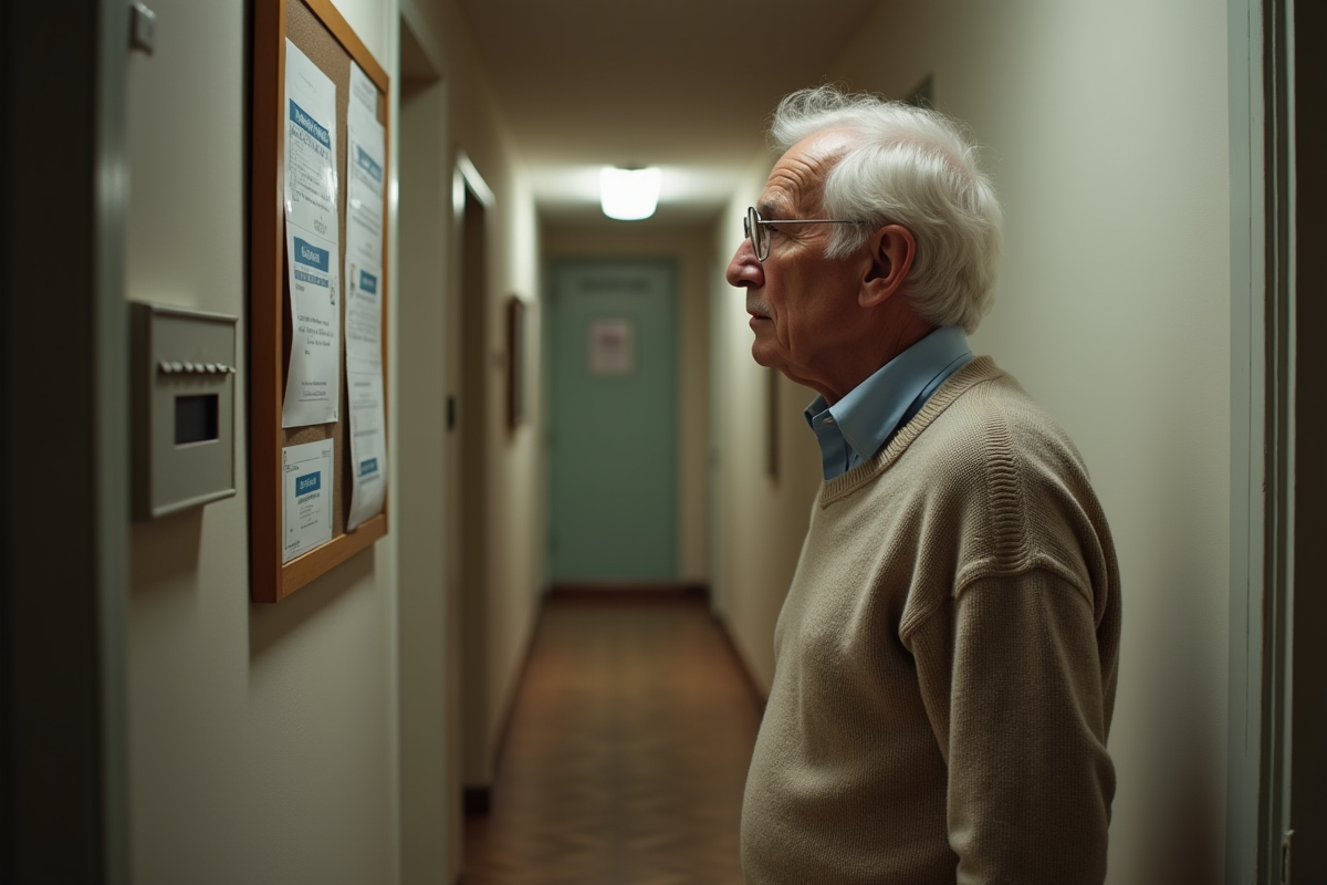 Homme âgé examinant une affiche dans le couloir