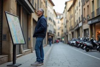 Homme d'âge moyen regardant une carte dans une rue de RomanssurIsère
