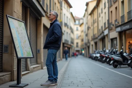 Homme d'âge moyen regardant une carte dans une rue de RomanssurIsère