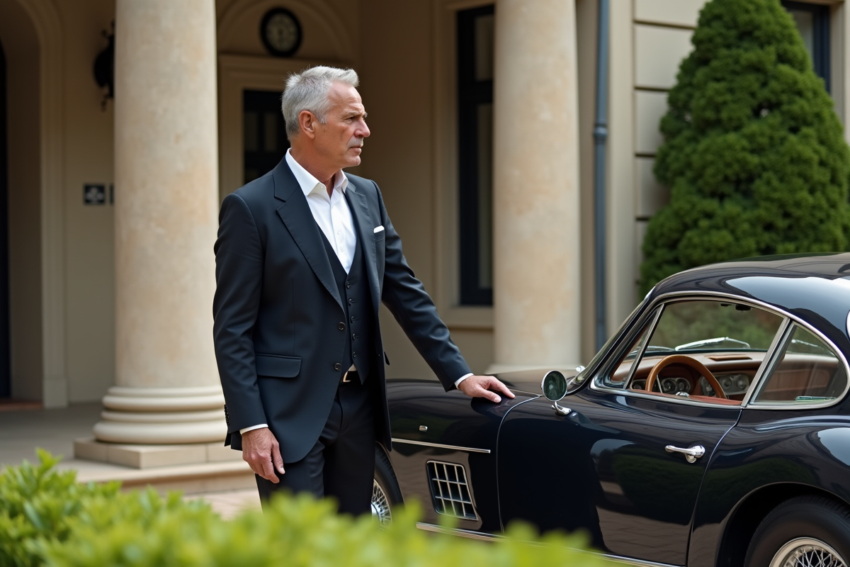 Homme ouvrant une voiture de sport vintage devant une villa élégante