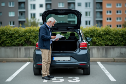 Homme d'âge moyen étudie des papiers près de sa voiture dans un parking