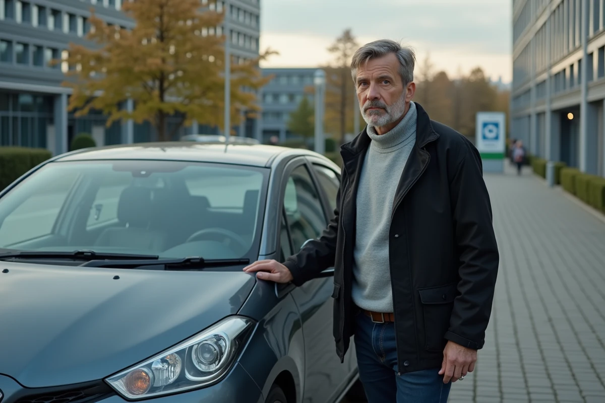 Homme garagant sa voiture pr&egrave;s du b&acirc;timent Parallele Enedis