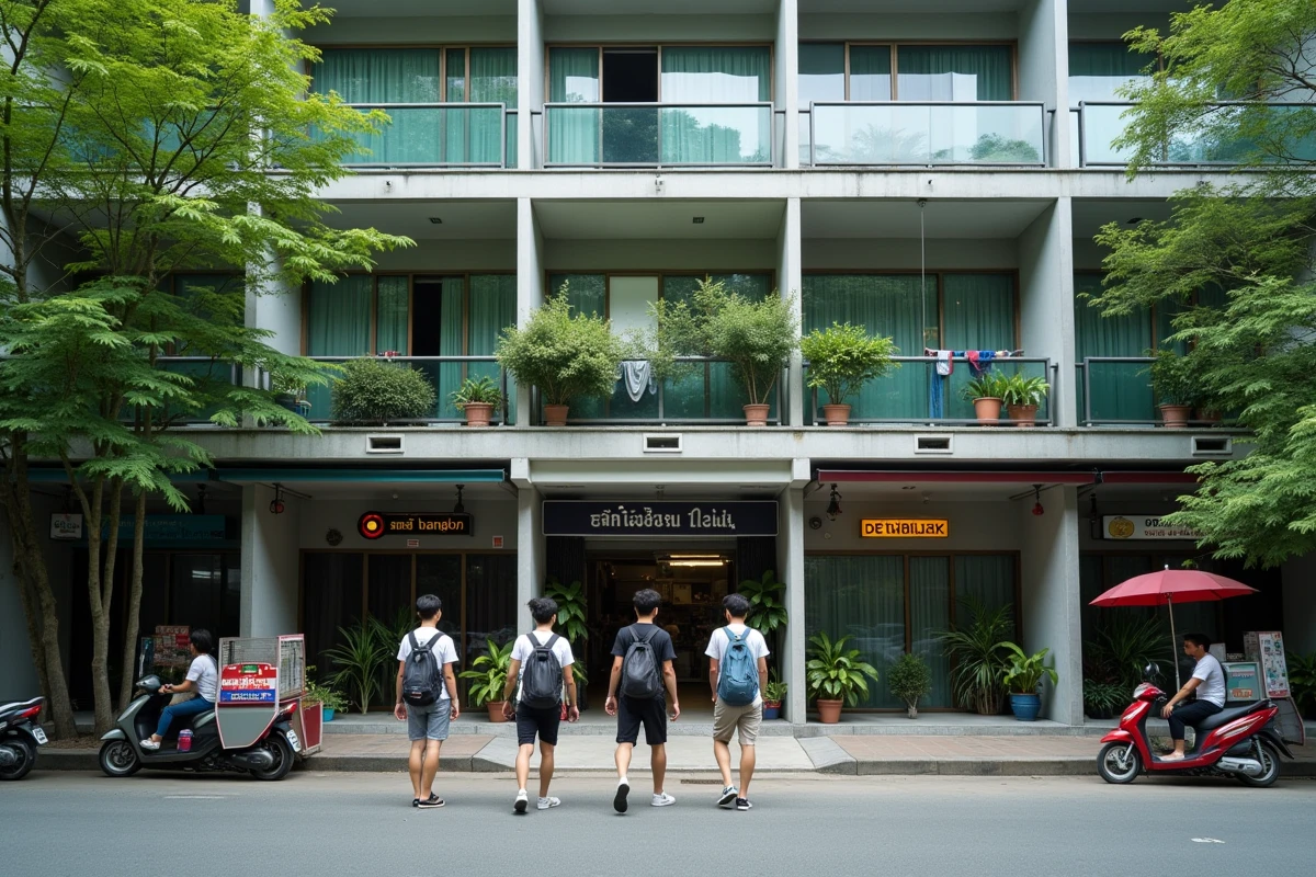 Façade d'un immeuble de condos étudiants moderne dans le quartier universitaire de Bangkok avec des étudiants marchant vers l'entrée
