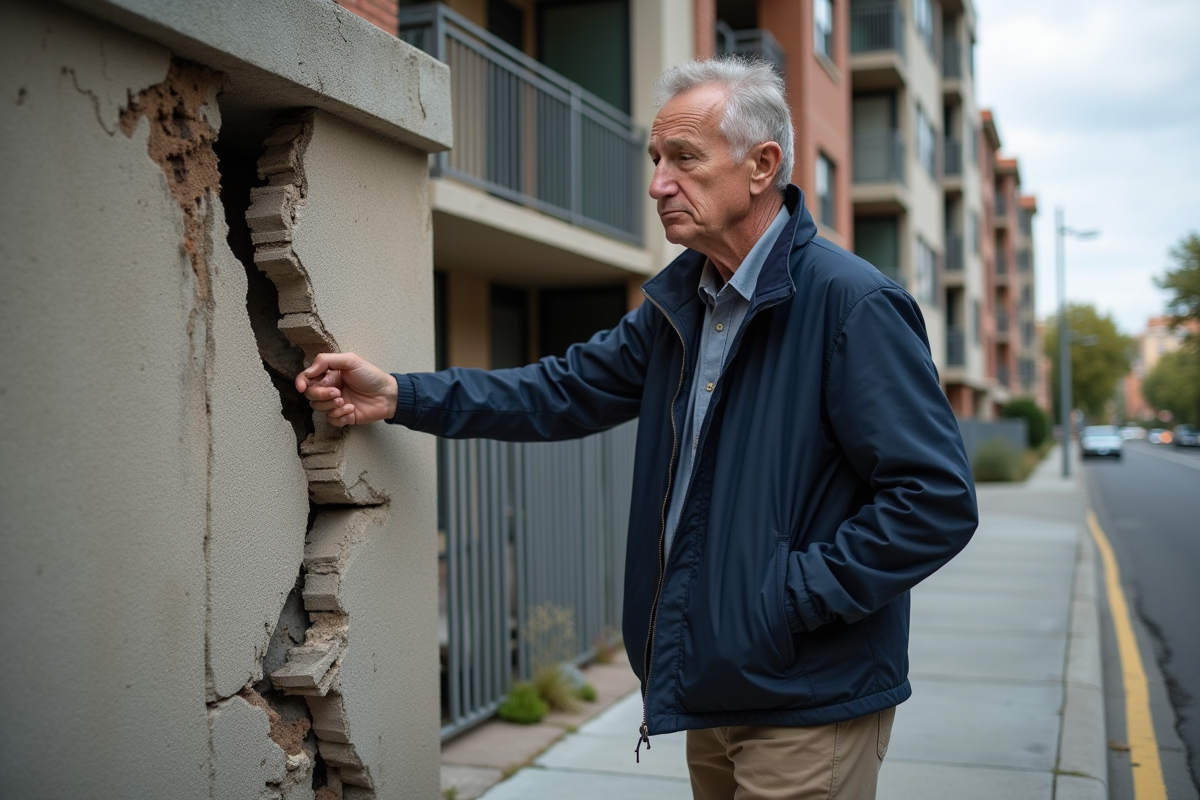 Inspecteur inquiet devant un immeuble en délabrement