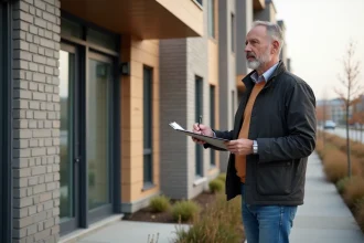 Homme inspectant la façade d un appartement neuf